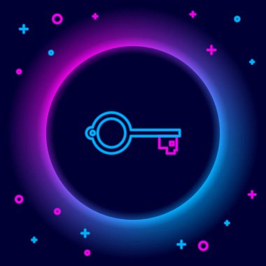 Siyah arkaplanda izole edilmiş oyun simgesi için parlayan neon hattı Eskiler anahtarı. Renkli taslak konsepti. Vektör