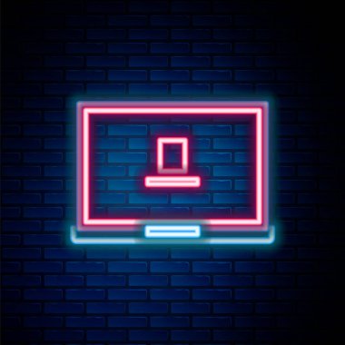 Parlayan neon hattı dizüstü bilgisayar simgesi tuğla duvar arka planında izole edildi. Boş ekran işaretli bilgisayar defteri. Renkli taslak konsepti. Vektör