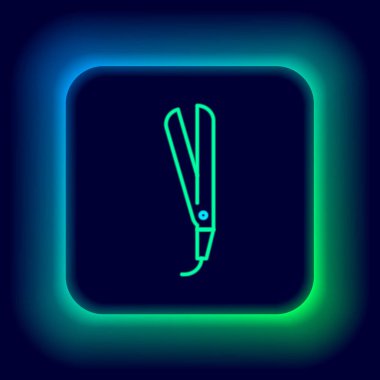 Siyah arka planda izole edilmiş saç simgesi için parlak neon çizgisi saç maşası. Saç düzleştirici ikonu. Renkli taslak konsepti. Vektör