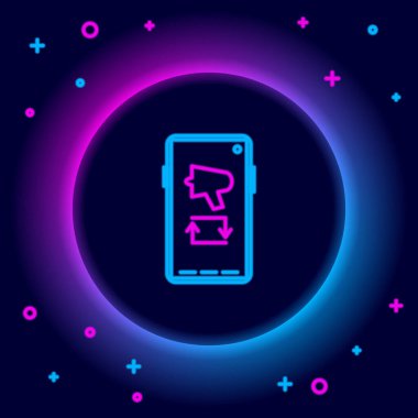 Parlayan neon hattı kelimeyi yay, megafon cep telefonu simgesi siyah arkaplanda izole. Renkli taslak konsepti. Vektör