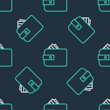 Çizgi Cüzdanı deste deste deste kağıt para nakit ikonu izole siyah arka planda kusursuz desen. Çanta ikonu. Nakit tasarruf sembolü. Vektör