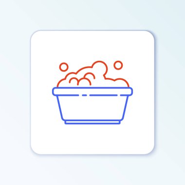 Beyaz zemin üzerinde sabun köpüğü simgesi olan çizgi plastik leğen. Sulu kase. Çamaşır yıkama, temizlik malzemeleri. Renkli taslak konsepti. Vektör