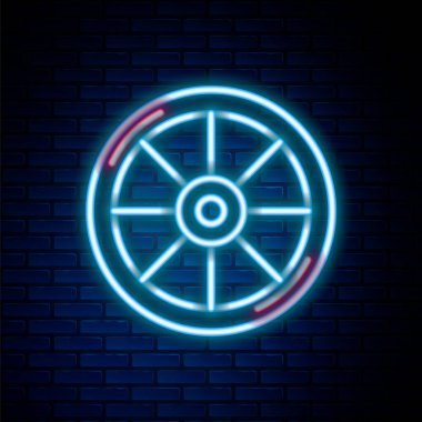 Parlak neon çizgili bisiklet tekerleği simgesi tuğla duvar arka planında izole edilmiş. Bisiklet yarışı. Olağanüstü bir spor. Spor malzemeleri. Renkli taslak konsepti. Vektör