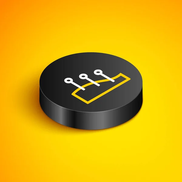 Isometric line Acupuncture therapy icon isolated on yellow background. Chinese medicine. Holistic pain management treatments. Black circle button. Vector