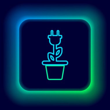 Siyah arkaplanda izole edilmiş tencere simgesinde parlayan neon hattı elektrik kaydediliyor. Enerji tasarrufu ikonu. Çevre koruma ikonu. Biyolojik enerji. Renkli taslak konsepti. Vektör