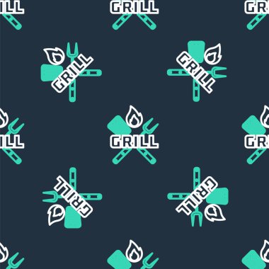 Çizgi çapraz çatal ve spatula simgesi siyah arkaplanda izole edilmiş. Ateş alevi. Mangal çatalı ve spatula işareti. Barbekü ve ızgara aletleri. Vektör