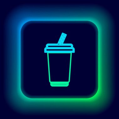 Siyah zemin üzerinde su ikonu olan parlak neon çizgisi. Soda bardağı ve pipet içmek. Taze soğuk içecek sembolü. Renkli taslak konsepti. Vektör