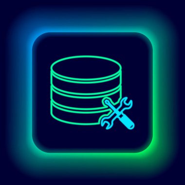 Siyah arkaplanda izole edilmiş, tornavida ve anahtar simgesiyle parlayan neon hattı veritabanı sunucusu. Ayarlama, servis, ayar, bakım, onarım, onarım. Renkli taslak konsepti. Vektör