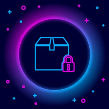 Parlayan neon hattı kilitlenmiş paket simgesi siyah arkaplanda izole edildi. Kilit ve karton kutu. Renkli taslak konsepti. Vektör