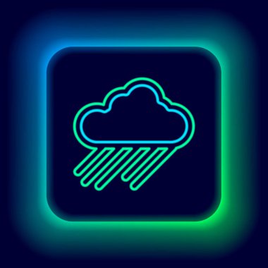 Siyah zemin üzerinde yağmur ikonu olan parlak neon çizgisi. Yağmur damlaları ile yağmur bulutu yağışı. Renkli taslak konsepti. Vektör