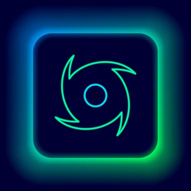 Parlayan neon hattı Tornado simgesi siyah arkaplanda izole edildi. Kasırga, kasırga, fırtına bacası, kasırga ya da hortum ikonu. Renkli taslak konsepti. Vektör