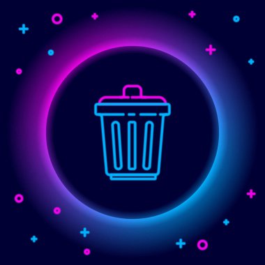 Parlayan neon hattı Çöp kutusu simgesi siyah arkaplanda izole edildi. Çöp kutusu tabelası. Sepet simgesini geri dönüştür. Ofis çöpü ikonu. Renkli taslak konsepti. Vektör