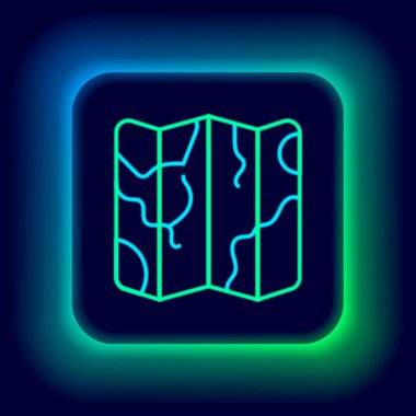 Parlayan neon çizgisi Katlanmış harita simgesi siyah arkaplanda izole edildi. Renkli taslak konsepti. Vektör