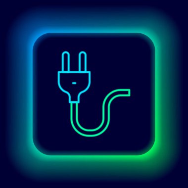 Parlayan neon hattı elektrik prizi simgesi siyah arkaplanda izole edildi. Bağlantı kavramı ve elektriğin kesilmesi. Renkli taslak konsepti. Vektör