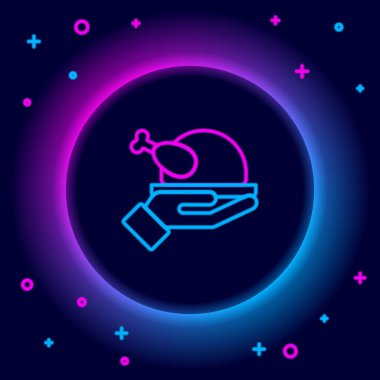 Parlayan neon hattı, kızarmış hindi ya da siyah arka planda izole edilmiş tavuk ikonu. Renkli taslak konsepti. Vektör