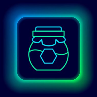 Parlayan neon hattı bal ikonu kavanozu siyah arkaplanda izole edildi. Yiyecek bankası. Tatlı doğal gıda sembolü. Renkli taslak konsepti. Vektör