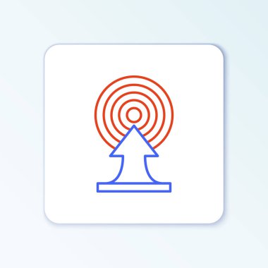 Beyaz arkaplanda ok simgesi olan satır hedefi. Dart tahtası işareti. Okçuluk tahtası simgesi. Dartboard işareti. İş hedefi kavramı. Renkli taslak konsepti. Vektör