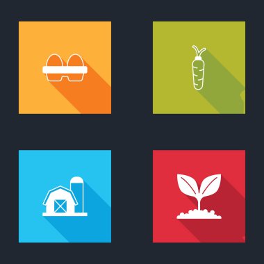 Tavuk yumurtasını kutuya koy, havuç, çiftlik evi ve bitki ikonu. Vektör