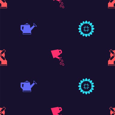 Ayçiçeği, su tenekesi ve yel değirmenini kusursuz desene ayarlayın. Vektör