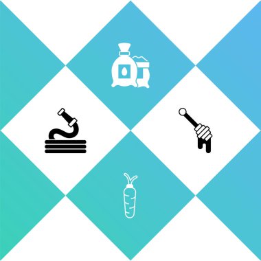 Bahçe hortumu, havuç, bitki tohumu dolu paket ve Bal Dipper çubuğu ikonu. Vektör
