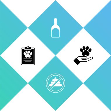 Set Clinical record pet, No shit, Dustpan and Hands with animals footprint icon. Vector