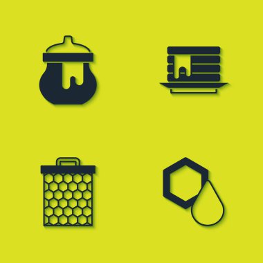 Kavanoz dolusu bal, bal peteği ve krep ikonu hazırla. Vektör