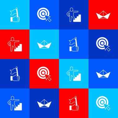 El ele tutuşan bayrak, oklu hedef, merdiven bitirme ve katlanmış kağıt tekne ikonu. Vektör