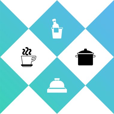 Kahve fincanı, otel servis zili, kovada şampanya ve tencere ikonu. Vektör