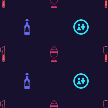 Klozet, şarap şişesi, dondurma kasesi, bıçak ve kaşık hazır. Vektör