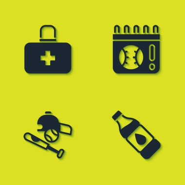 İlk yardım çantası, bir şişe su, beysbol sopası top, şapka ve takvim beyzbol ikonu. Vektör