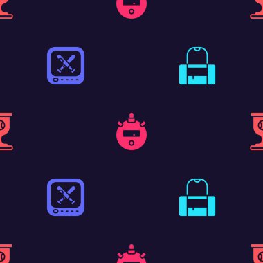 Spor çantasını hazırla, beysbol maçlı monitör, Stopwatch ve ödül kupasını kusursuz desen üzerine kur. Vektör