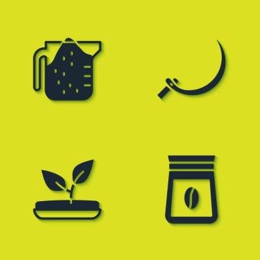 Ölçme kabı, bir poşet kahve, filizlenme ve orak ikonu. Vektör