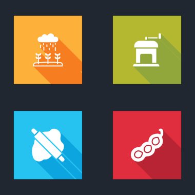 Bitki filizleri yağmurda yetişir, manuel kahve öğütücüsü hamurda yuvarlanan iğne ve yeşil bezelye ikonu. Vektör