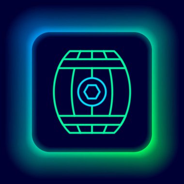 Siyah zemin üzerinde bal ikonu olan parlak neon şeritli tahta fıçı. Renkli taslak konsepti. Vektör