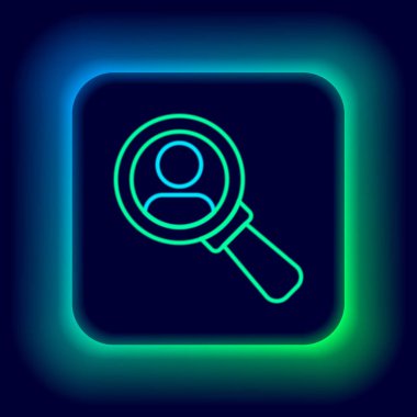 Siyah arkaplanda izole edilmiş bir insan simgesini aramak için parlayan neon çizgi büyüteç. İşe alım ya da seçim konsepti. Çalışanları ve işi ara. Renkli taslak konsepti. Vektör