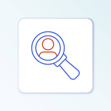 Beyaz arka planda izole edilmiş bir insan simgesini aramak için çizgi büyüteci. İşe alım ya da seçim konsepti. Çalışanları ve işi ara. Renkli taslak konsepti. Vektör