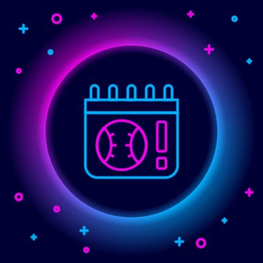 Siyah arkaplanda izole edilmiş, parlayan neon çizgisi, beyzbol oyun ikonu olan bir takvim. Maç günü. Renkli taslak konsepti. Vektör