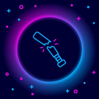 Parlayan neon hattı siyah arka planda izole edilmiş kırık beyzbol sopası simgesi. Renkli taslak konsepti. Vektör