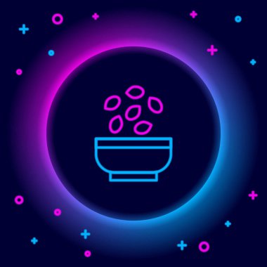 Parlayan neon çizgisi siyah arka planda izole edilmiş kase ikonundaki tohumlar. Renkli taslak konsepti. Vektör