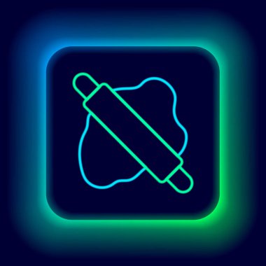 Parlak neon çizgisi, siyah arkaplanda izole edilmiş hamur simgesinde yuvarlanan iğne. Renkli taslak konsepti. Vektör