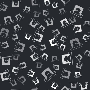 Gri ATM - Otomatik veznedar ve para ikonu siyah arkaplanda kusursuz desen izole etti. Vektör