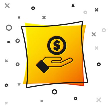 Siyah insan eli beyaz arka planda izole edilmiş para ikonu veriyor. Para ikonu alınıyor. Sarı kare düğme. Vektör