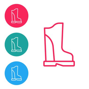 Kırmızı çizgi, su geçirmez lastik bot simgesi beyaz arkaplanda izole edildi. Yağmurlu hava, balıkçılık, bahçe işleri için çizme. Simgeleri daire düğmelerine ayır. Vektör