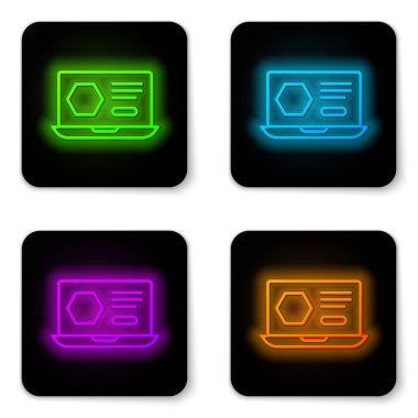 Parlayan neon hattı Honey çevrimiçi servis veya platform simgesi beyaz arkaplanda izole edildi. Kırsal organik ürün. Çevrimiçi iş. Siyah kare düğme. Vektör