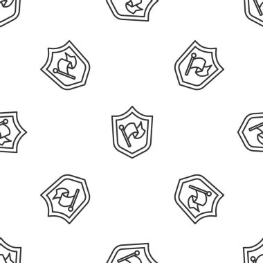 Beyaz arka planda, bayrak simgesiyle izole edilmiş gri çizgi kalkanı. Zafer, kazanmak ve zorluk konseptini fethetmek. Vektör