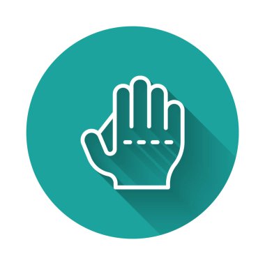 Beyaz çizgi beyzbol eldiveni ikonu uzun gölge arkaplan izole. Yeşil daire düğmesi. Vektör