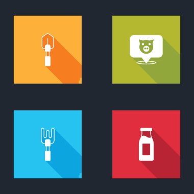 Kürek, domuz, bahçe tırmığı ve süt ikonlu şişe. Vektör