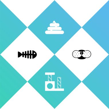 Set Fish skeleton, Cat scratching post, Shit and nose icon. Vector