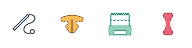 Set Pet cat toy, Cat nose, Dog shit in bag and bone icon. Vector