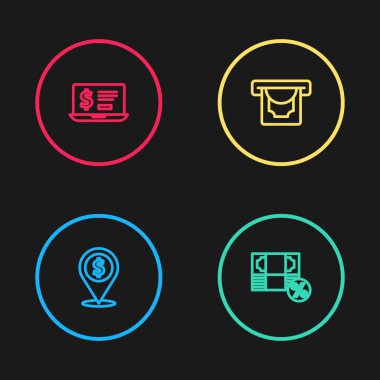 Nakit konumu, para yüzdesi, ATM ve para ve dolar ikonlu dizüstü bilgisayar ayarla. Vektör